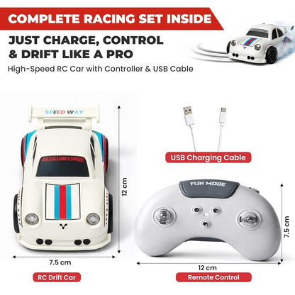 High-Speed RC Drift Car with Remote Control, USB Rechargeable Racing Toy Car, LED Lights, 2.4GHz Controller, Kids & Adults Gift (White & Black)
