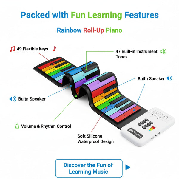 Rainbow Roll Up Piano 49-Key Flexible Keyboard, Portable Electronic Piano with 47 Tones, Built-in Speaker, Educational Music Toy for Kids Beginners Travel Friendly Keyboard Gift