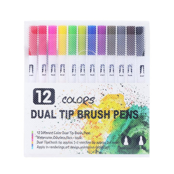 Dual Tip Brush Pens Set - Art Markers with Fineliner Tip - Perfect for Drawing, Sketching, Calligraphy, Coloring, and Journaling (Multicolor) (Pack of 12)