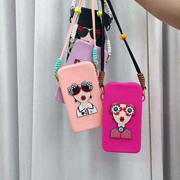 Silicone Mobile Phone Sling Bag for Girls & Women, Cute Cartoon Crossbody Phone Pouch with Adjustable Shoulder Strap, Waterproof Mini Travel Shoulder Bag for Mobile Phone, Cash, Cards & Keys
