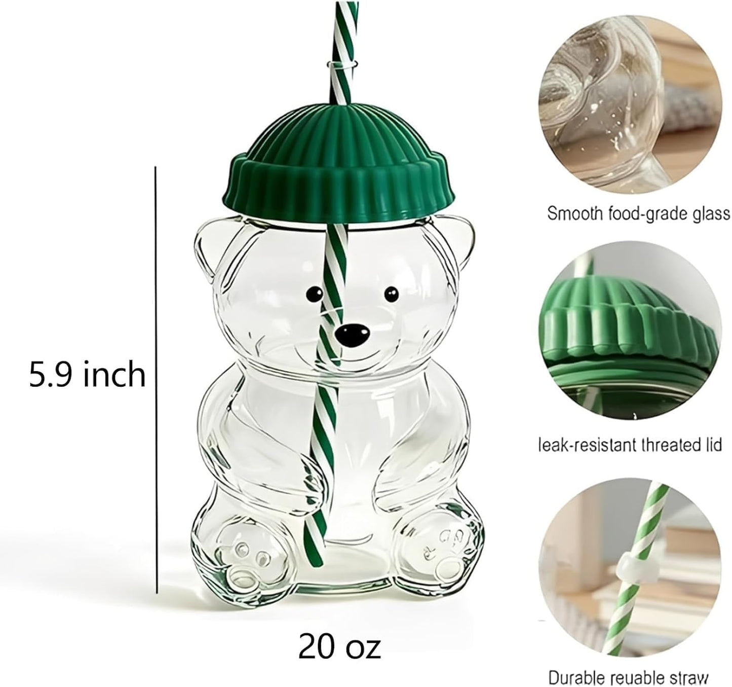 New Glass Bear Cup Bear Straw Cup, 20oz Cute Bears Glass Tumbler with Reusable Straw - Cute Animal Mug for Hot and Cold Drinks, Smoothies, Water, Juice, Travel & Gifts (Green) (P-1)