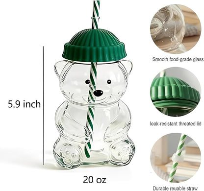 New Glass Bear Cup Bear Straw Cup, 20oz Cute Bears Glass Tumbler with Reusable Straw - Cute Animal Mug for Hot and Cold Drinks, Smoothies, Water, Juice, Travel & Gifts (Green) (P-1)