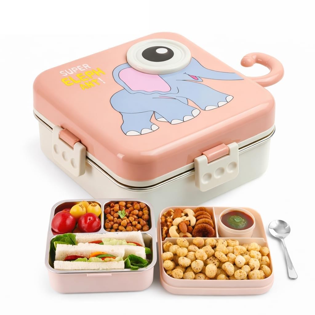 Kids Lunch Box – Stainless Steel Insulated Tiffin for School with Spoon, BPA-Free | Leak-Resistant Bento Box with Tray & Container | Elephant (1120ml)