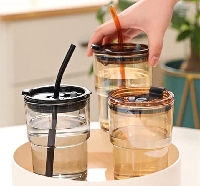 Reusable Glass Coffee Sipper Mugs with Lid & Glass Straw Pack of 1, 400ml (Assorted Colors)