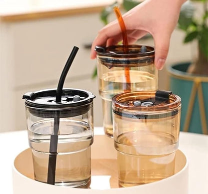 Reusable Glass Coffee Sipper Mugs with Lid & Glass Straw Pack of 1, 400ml (Assorted Colors)