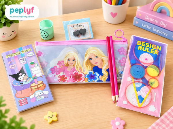 Stationery Gift Combo (5 Sets) – Pencil Pouch, Sticker Book, Design Ruler, Pencils & Erasers