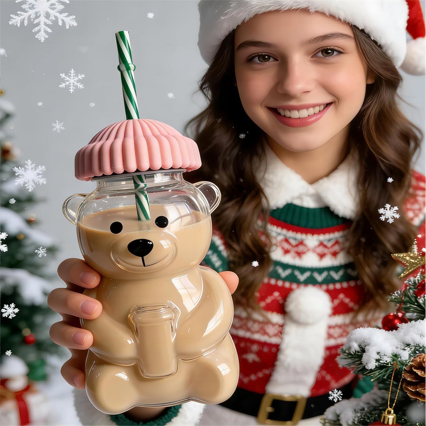 New Glass Bear Cup Bear Straw Cup, 20oz Cute Bears Glass Tumbler with Reusable Straw - Cute Animal Mug for Hot and Cold Drinks, Smoothies, Water, Juice, Travel & Gifts (Green) (P-1)