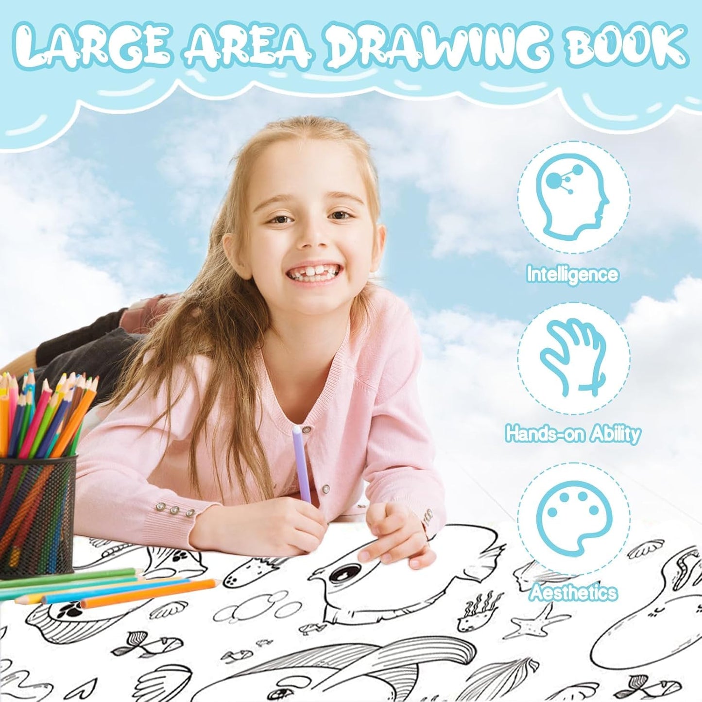 Water Drawing Mat for Kids, 80 x 80 cm, Reusable Colouring Mat, Washable Painting Mat with 6 Sketch Pens [Assorted Prints]