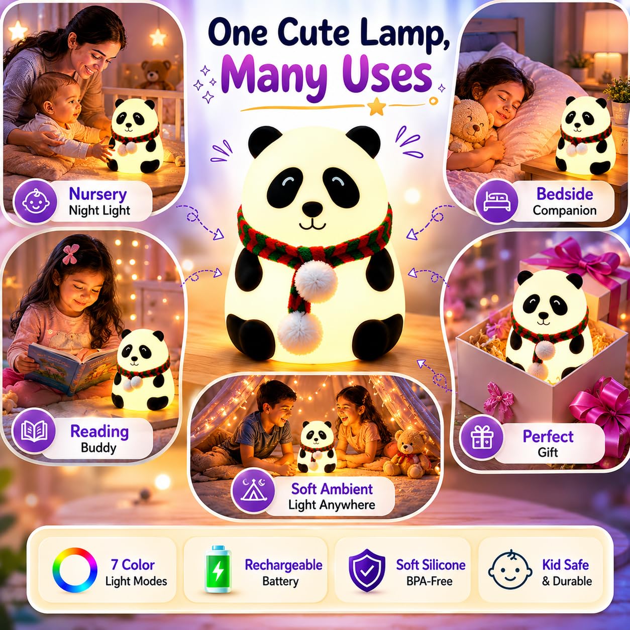 Rechargeable Silicone Panda Night Light for Kids | 7-Color LED Changing Lamp