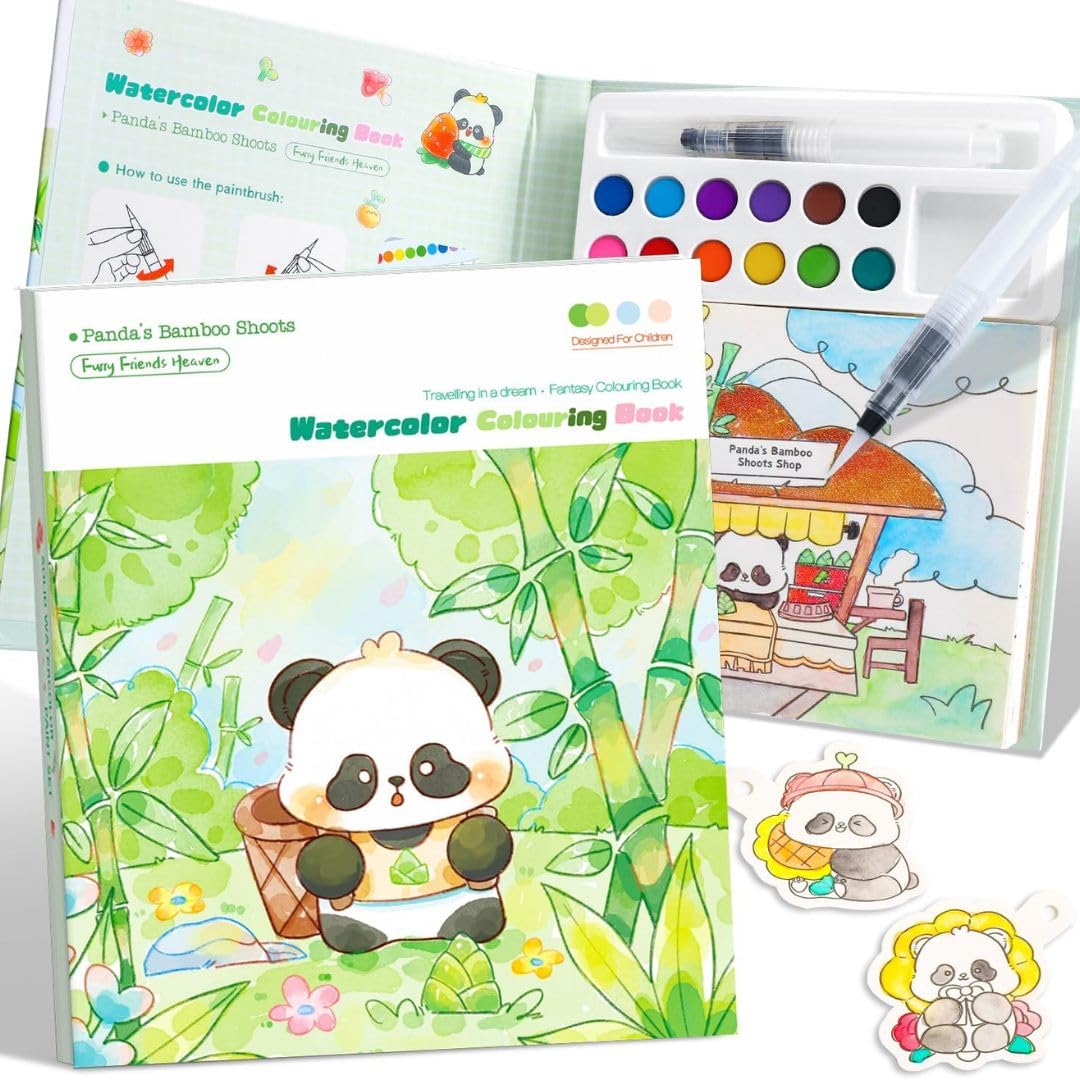 Watercolour Colouring Book Kit with Solid Watercolour Paints, Doodle Paper, Paint Brush & Colour Card | Kids Painting & Art Craft Set | Assorted Prints