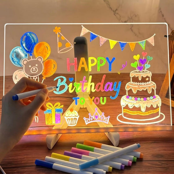 LED Acrylic Writing Board with Light & 7 Pens | 20 x 30 cm DIY 3D Rewritable Message Pad | Personalized Night Lamp & Display Board for Home