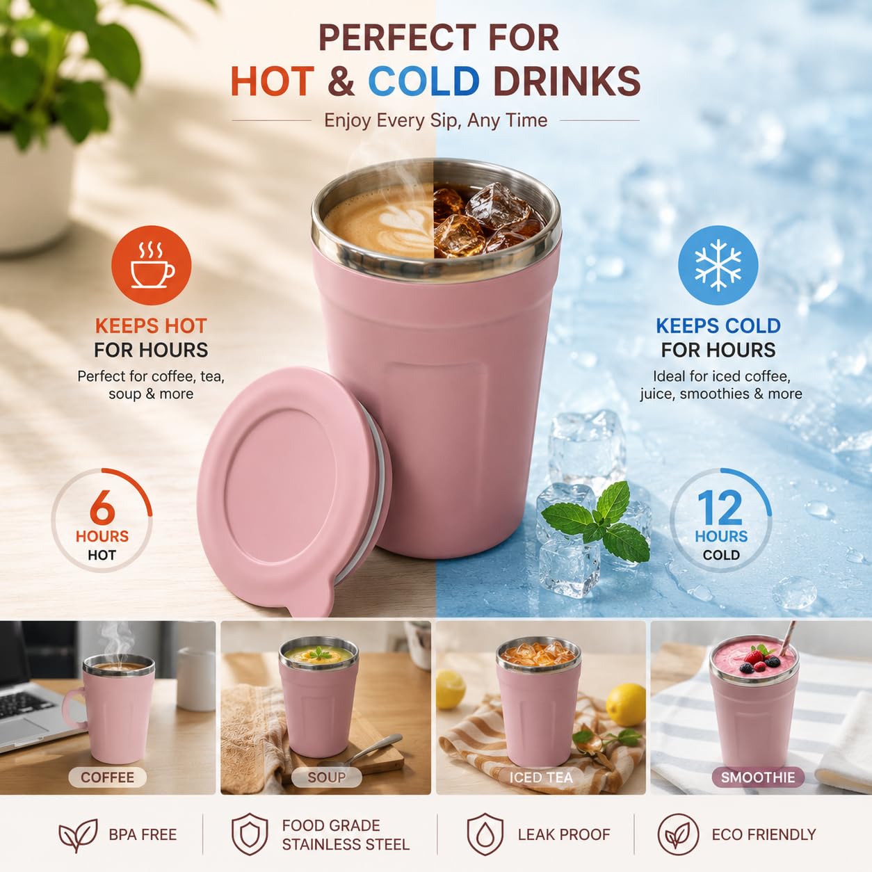 Stainless Steel Round Tumbler | Airtight & Leakproof | Compact Design | 450ml | Ideal for Office, Travel, and Home Use, Travel Glass
