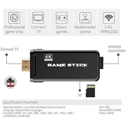 Retro Game Stick | Plug & Play 4K HDMI Video Game for TV | 21,000+ Classic Games | 15 Emulators | 64GB Card Included | Dual 2.4G Wireless Controllers | Gaming Console for Kids, Family & Adults