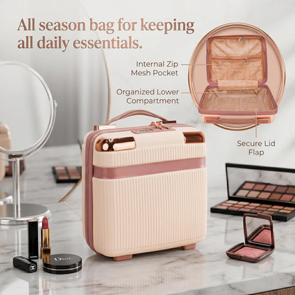 ravel Make up Train Case, Waterproof Portable Hard Shell Cosmetic Case, Cosmetic Case Mini Suitcase Vanity Box for Makeup Hand Luggage with Handle & Elastic Band, Flight Use