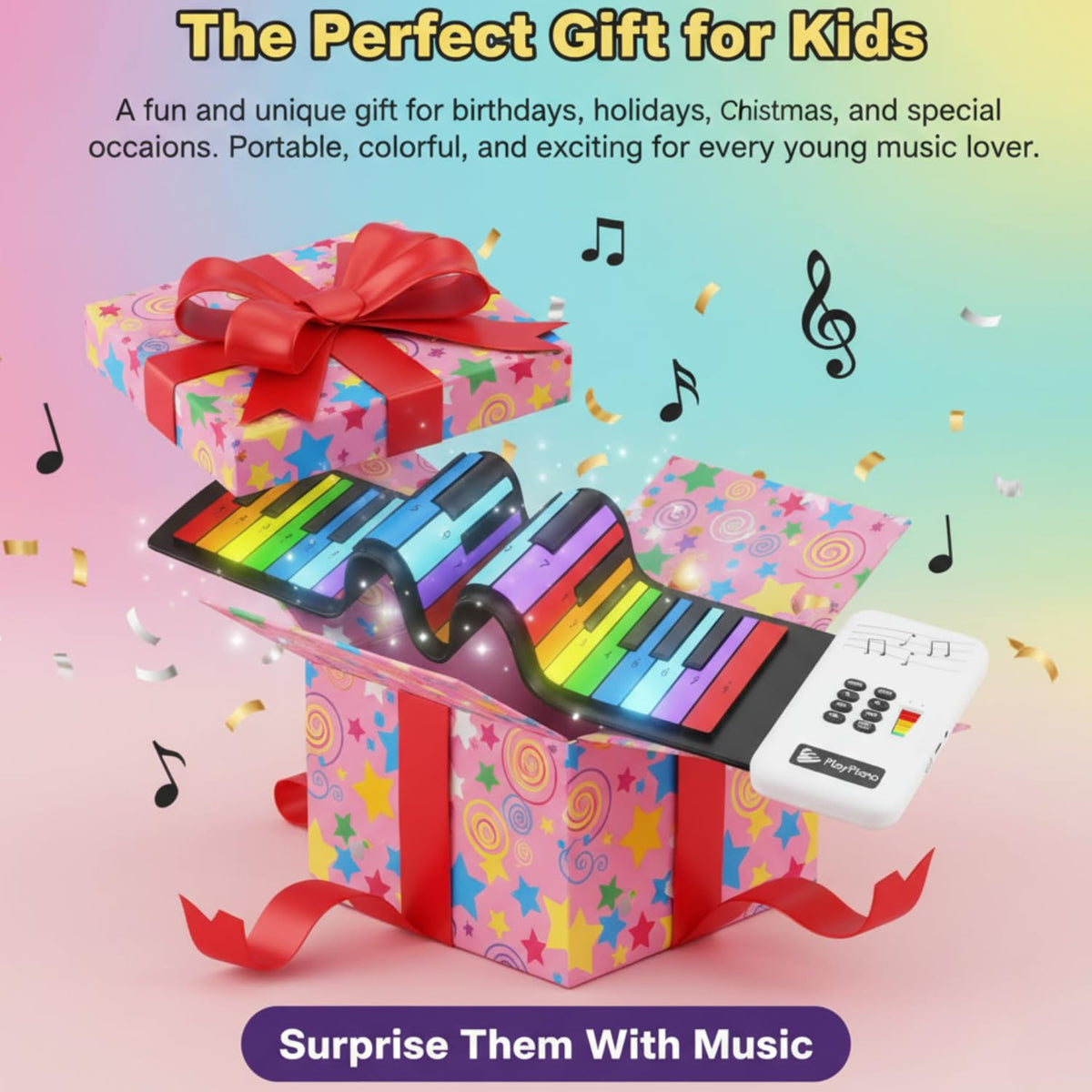 Rainbow Roll Up Piano 49-Key Flexible Keyboard, Portable Electronic Piano with 47 Tones, Built-in Speaker, Educational Music Toy for Kids Beginners Travel Friendly Keyboard Gift