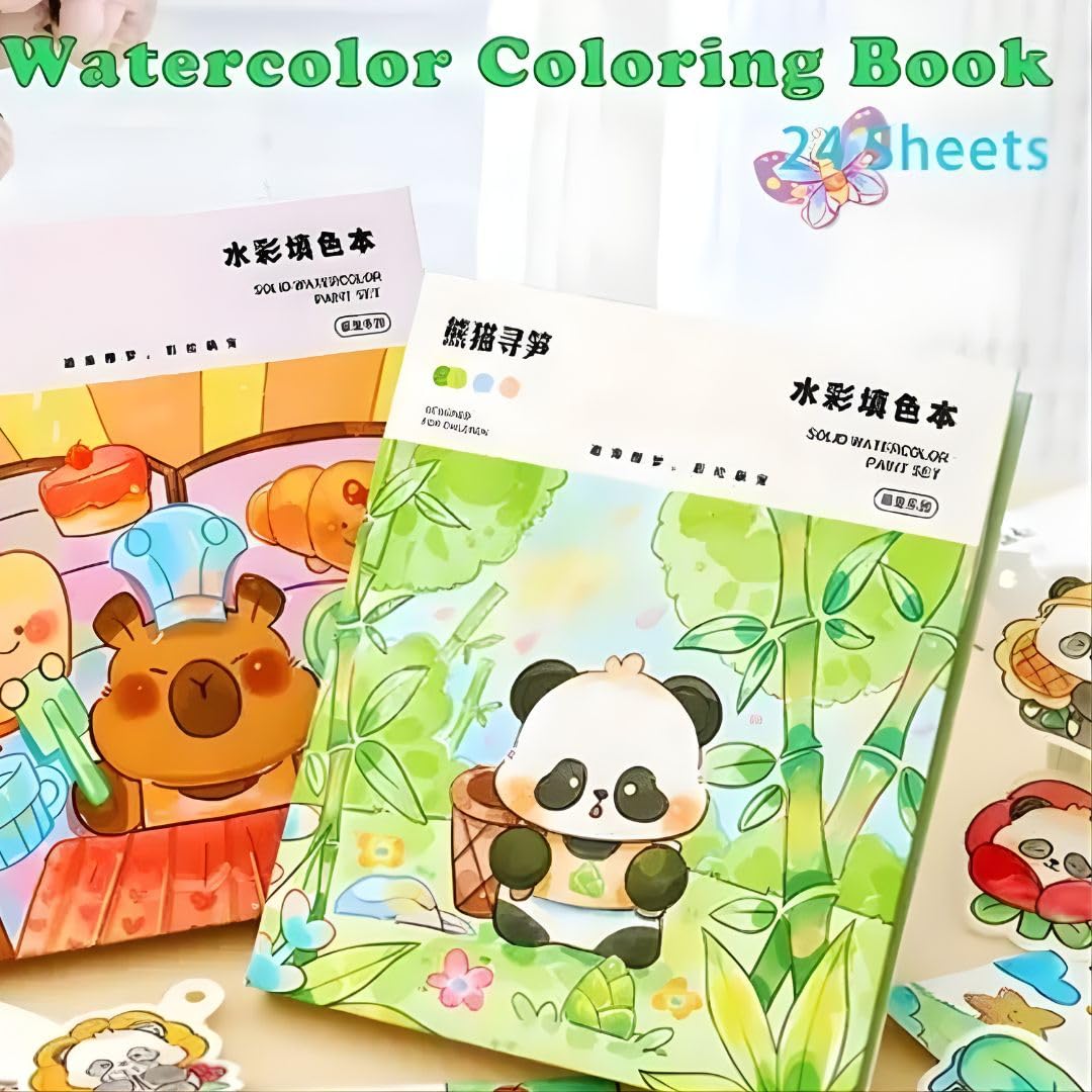 Watercolour Colouring Book Kit with Solid Watercolour Paints, Doodle Paper, Paint Brush & Colour Card | Kids Painting & Art Craft Set | Assorted Prints