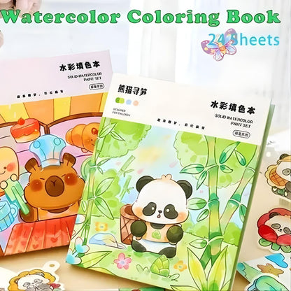 Watercolour Colouring Book Kit with Solid Watercolour Paints, Doodle Paper, Paint Brush & Colour Card | Kids Painting & Art Craft Set | Assorted Prints