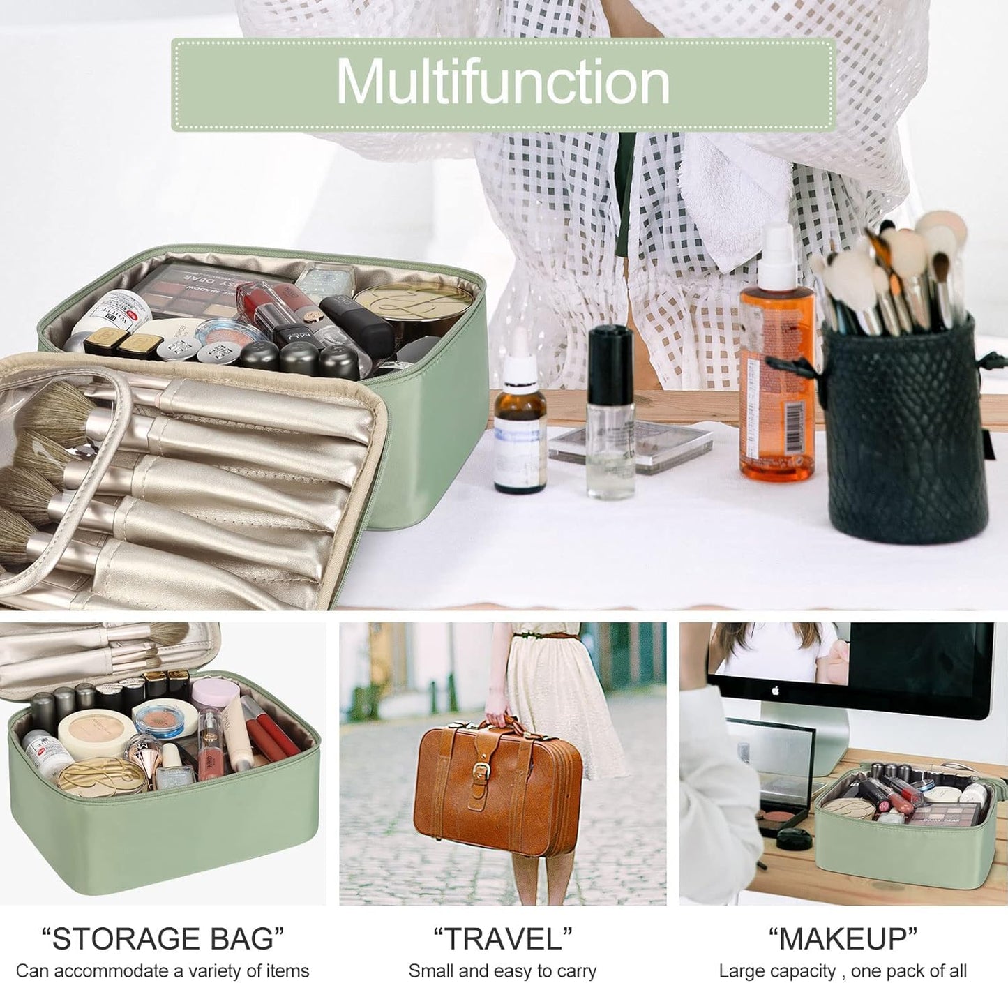 Small Travel Fashion Cosmetic Organizer Bag with Detachable Pouch, Super Soft Makeup Organiser Bag for Brushes, Toiletries, Cosmetics Items for Women (Green)