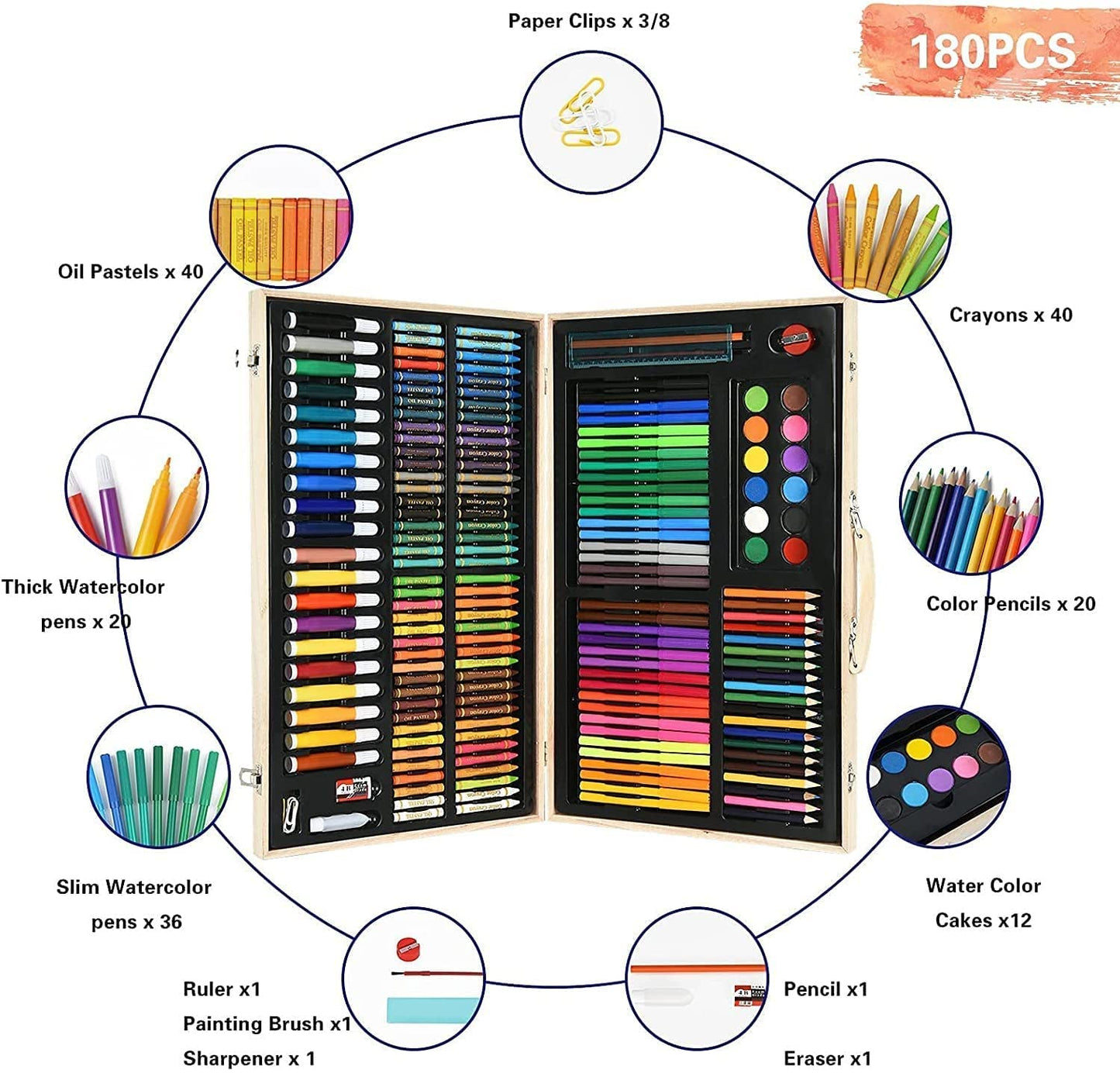 180 Piece Deluxe Art Kit with Oil Pastels, Crayons, Coloured Pencils, Acrylic Paint, Wooden Case, for Kids, Girls and Boys