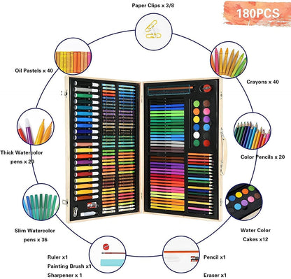 180 Piece Deluxe Art Kit with Oil Pastels, Crayons, Coloured Pencils, Acrylic Paint, Wooden Case, for Kids, Girls and Boys
