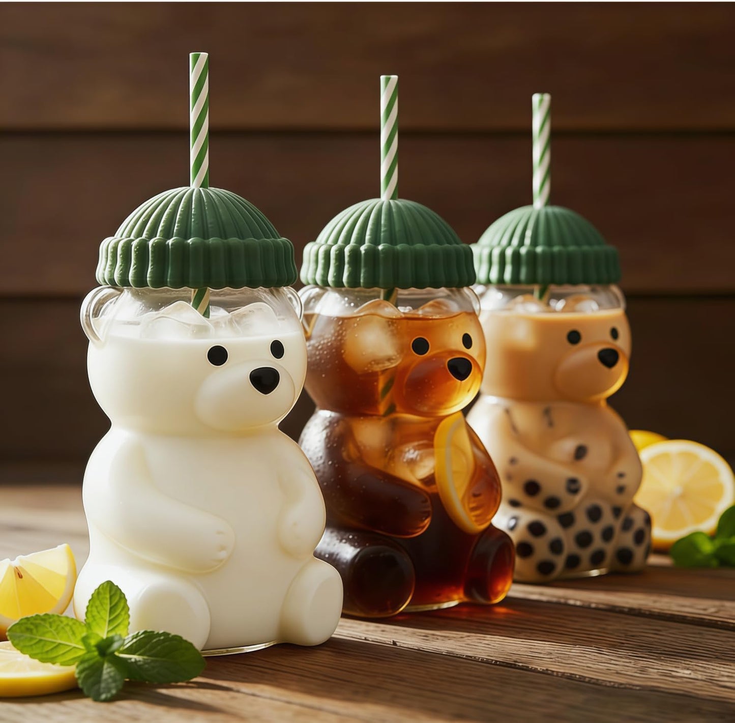 New Glass Bear Cup Bear Straw Cup, 20oz Cute Bears Glass Tumbler with Reusable Straw - Cute Animal Mug for Hot and Cold Drinks, Smoothies, Water, Juice, Travel & Gifts (Green) (P-1)