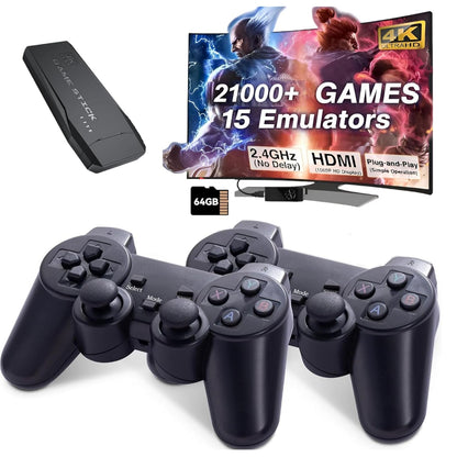 Retro Game Stick | Plug & Play 4K HDMI Video Game for TV | 21,000+ Classic Games | 15 Emulators | 64GB Card Included | Dual 2.4G Wireless Controllers | Gaming Console for Kids, Family & Adults
