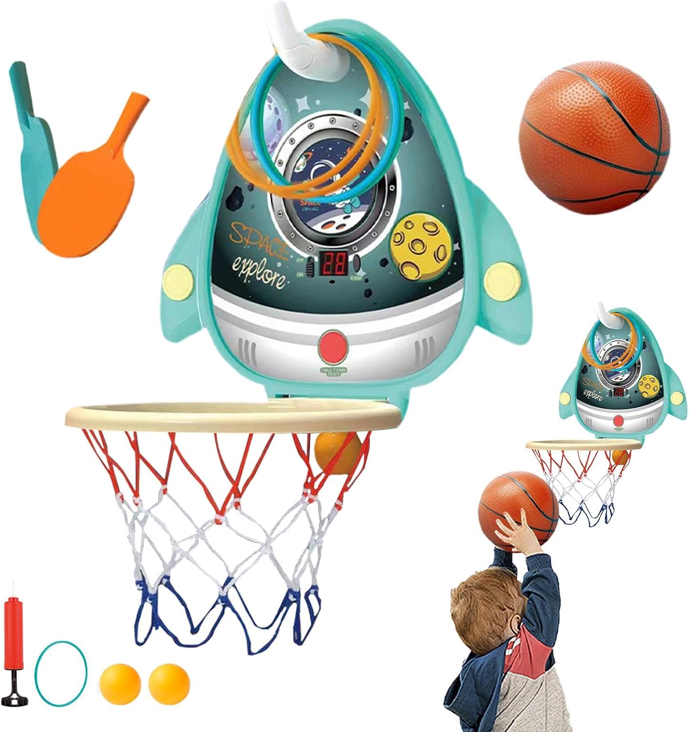 Wall Basketball Hoop, Indoor Basketball Hoop, Door Basketball Basket Toy with Electronic Dashboard and Pong Balls – Height Adjustable Hoop with Hoop Rings [Green]