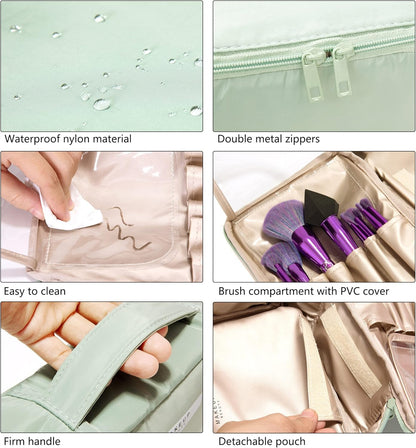 Small Travel Fashion Cosmetic Organizer Bag with Detachable Pouch, Super Soft Makeup Organiser Bag for Brushes, Toiletries, Cosmetics Items for Women (Green)