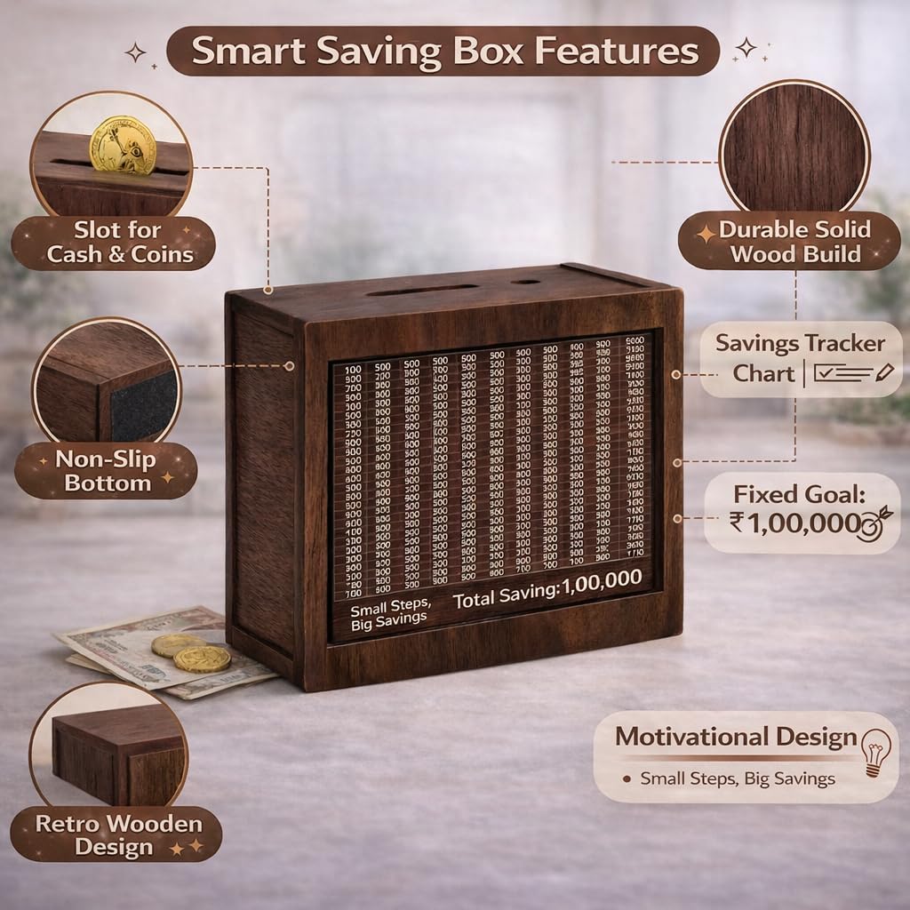 Wooden Money Saving Box with Marker | 1 Lakh (₹1,00,000) Challenge Piggy Bank for Kids & Adults | Reusable Savings Tracker Gullak | Coin & Cash Deposit Wooden Money Bank | Money Milestone Box