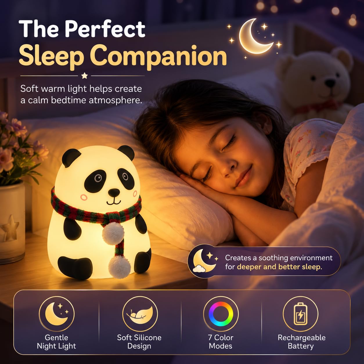 Rechargeable Silicone Panda Night Light for Kids | 7-Color LED Changing Lamp
