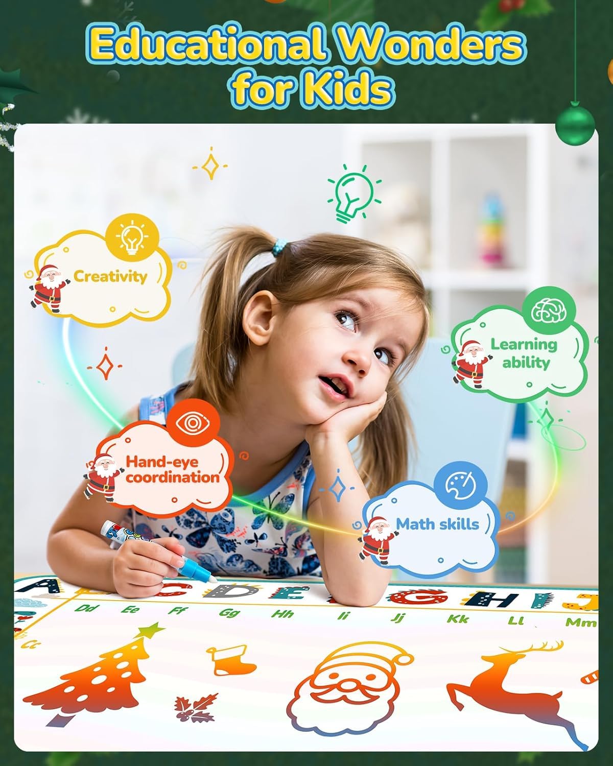 Water Drawing Mat for Kids, 80 x 80 cm, Reusable Colouring Mat, Washable Painting Mat with 6 Sketch Pens [Assorted Prints]