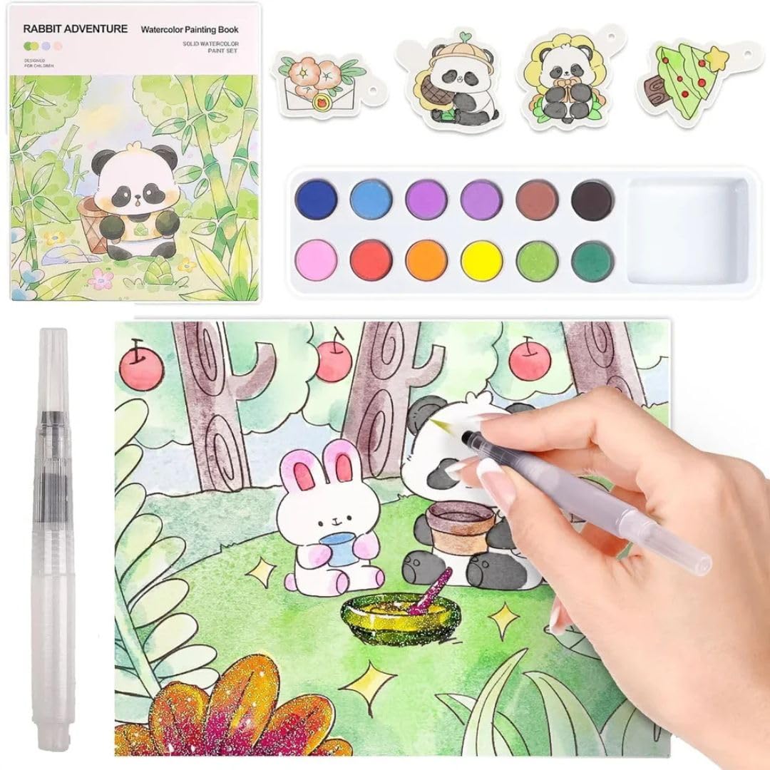 Watercolour Colouring Book Kit with Solid Watercolour Paints, Doodle Paper, Paint Brush & Colour Card | Kids Painting & Art Craft Set | Assorted Prints