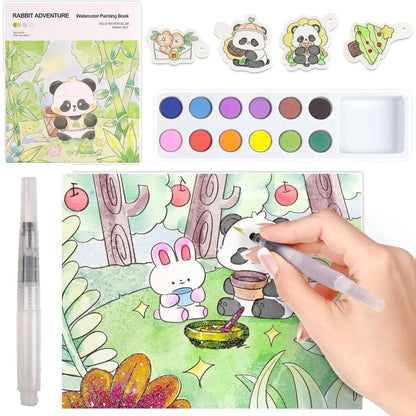 Watercolour Colouring Book Kit with Solid Watercolour Paints, Doodle Paper, Paint Brush & Colour Card | Kids Painting & Art Craft Set | Assorted Prints