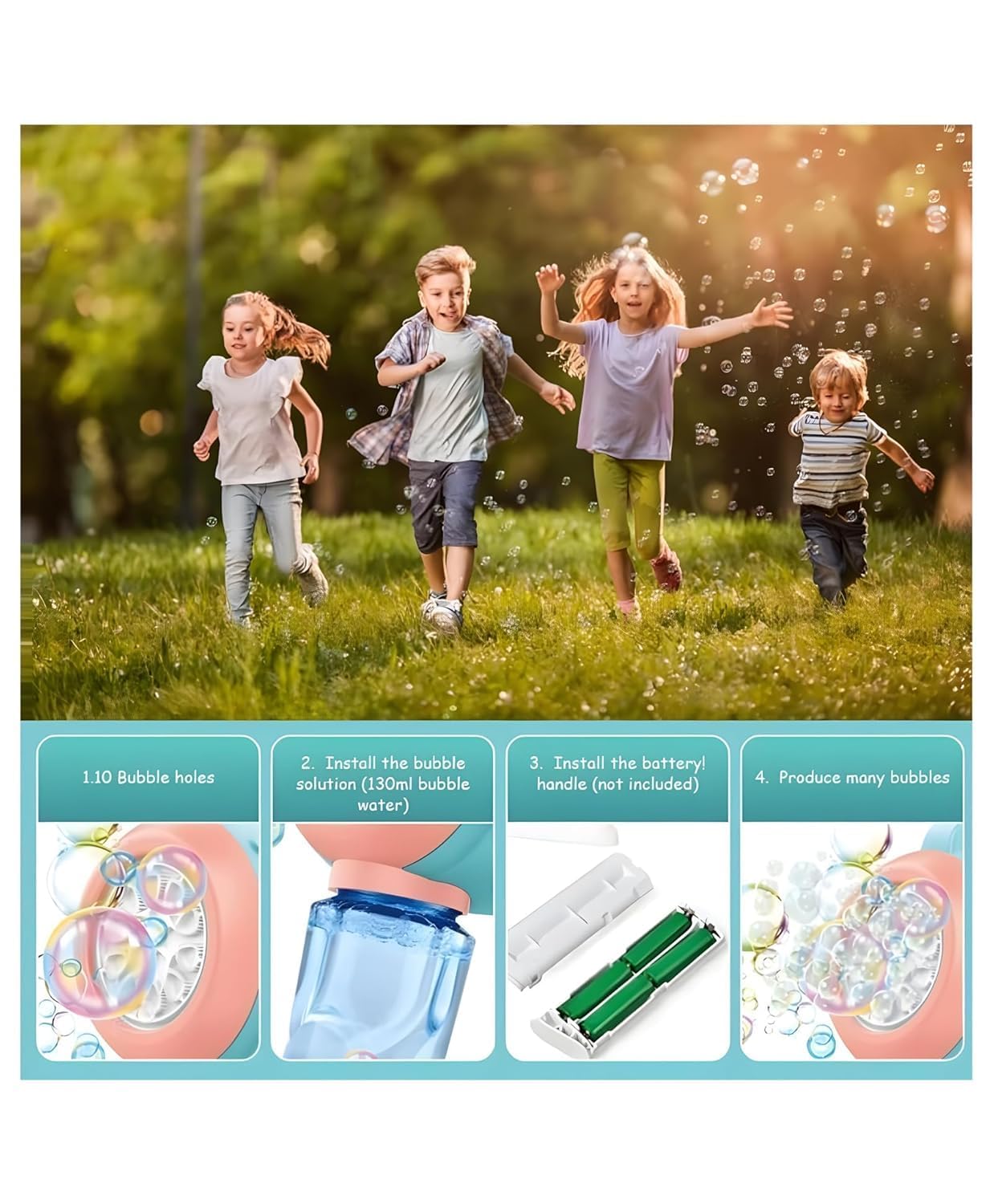 Automatic Colour Bubble Gun for Kids Toddlers + 4 AA Alkaline Cells, 10000+ Bubbles Per Minute Leak-Proof, Birthday Gift Summer Toy for Boys and Girl Gun (Bubble Machine)