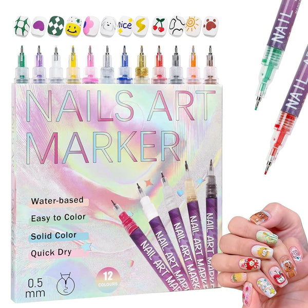 12 Colors Nail Art Marker Pen Set, Fine Tip Water-Based Nail Design Pens for DIY Nail Decoration, Drawing, Doodling, Detailing, Creative Manicure Art Supplies Nail Art Kit for Women & Kids