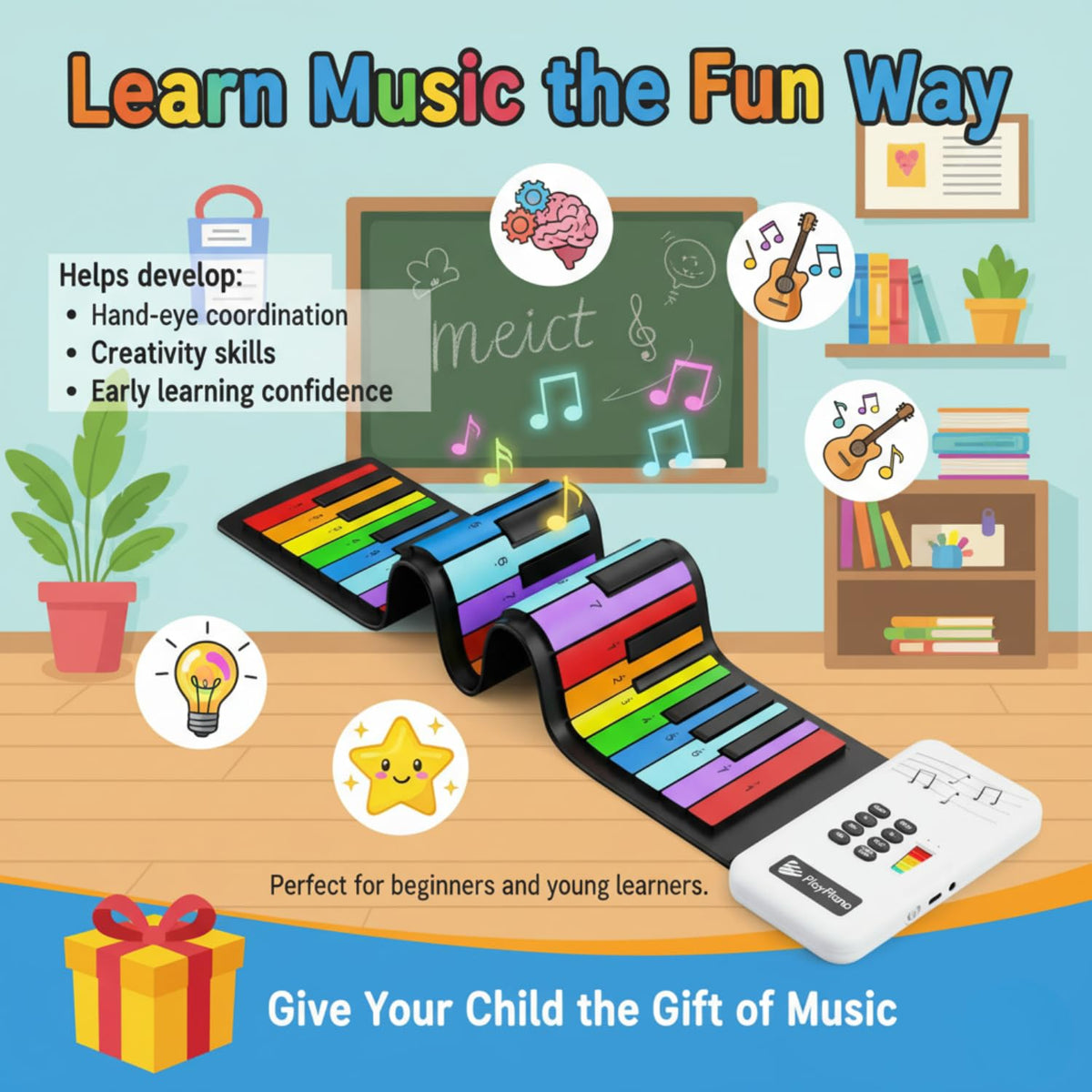 Rainbow Roll Up Piano 49-Key Flexible Keyboard, Portable Electronic Piano with 47 Tones, Built-in Speaker, Educational Music Toy for Kids Beginners Travel Friendly Keyboard Gift
