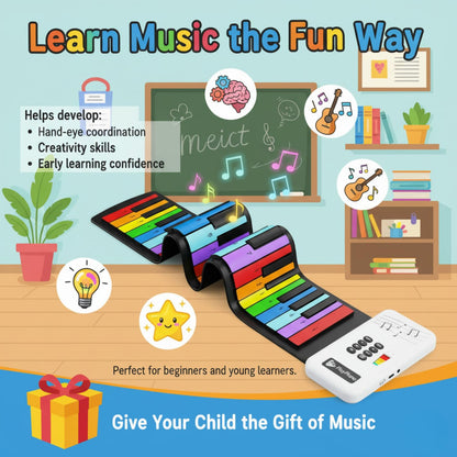 Rainbow Roll Up Piano 49-Key Flexible Keyboard, Portable Electronic Piano with 47 Tones, Built-in Speaker, Educational Music Toy for Kids Beginners Travel Friendly Keyboard Gift
