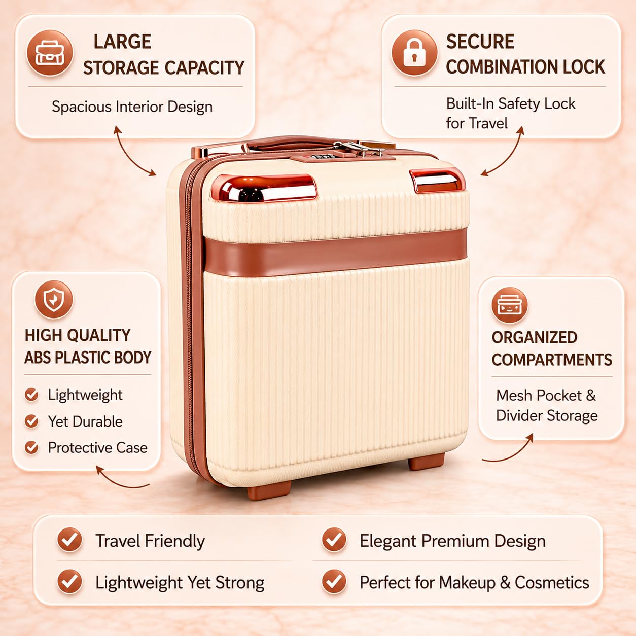 ravel Make up Train Case, Waterproof Portable Hard Shell Cosmetic Case, Cosmetic Case Mini Suitcase Vanity Box for Makeup Hand Luggage with Handle & Elastic Band, Flight Use