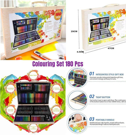 180 Piece Deluxe Art Kit with Oil Pastels, Crayons, Coloured Pencils, Acrylic Paint, Wooden Case, for Kids, Girls and Boys