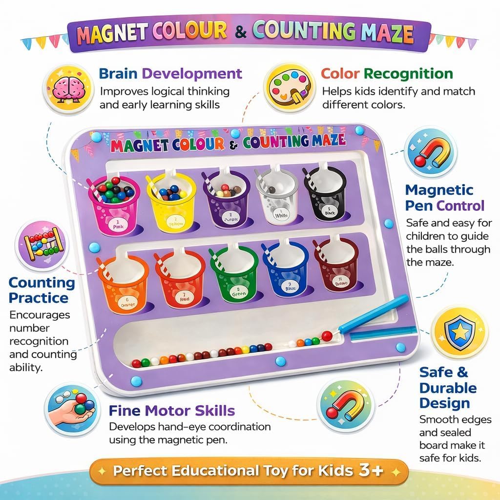 Magnetic Colour Matching Maze Toy for Kids | Educational Counting Board with Magnetic Pen Control | Learning Activity Game for Children 3+ Years