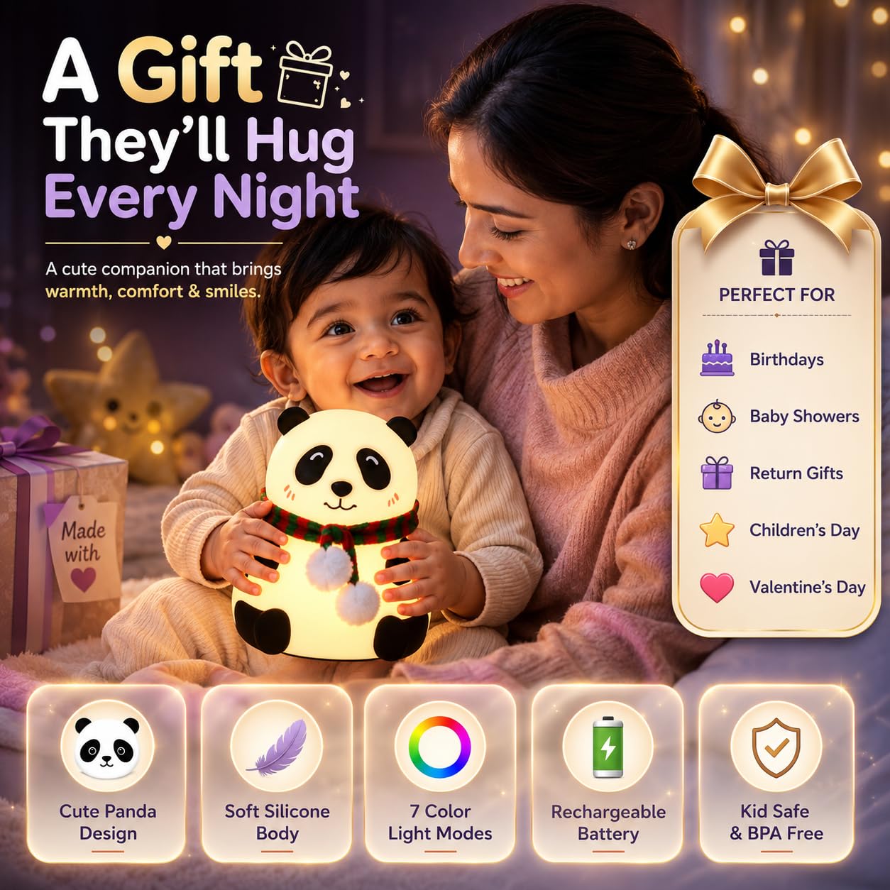 Rechargeable Silicone Panda Night Light for Kids | 7-Color LED Changing Lamp