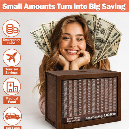 Wooden Money Saving Box with Marker | 1 Lakh (₹1,00,000) Challenge Piggy Bank for Kids & Adults | Reusable Savings Tracker Gullak | Coin & Cash Deposit Wooden Money Bank | Money Milestone Box