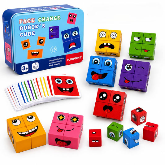 Wooden Emoji Face Changing Cube Puzzle Game Expressions Matching Block Puzzles Building Logical Educational Training Toys 16 Face Blocks & 72 Playing Cards Birthday Gift for Kids Boys Girls