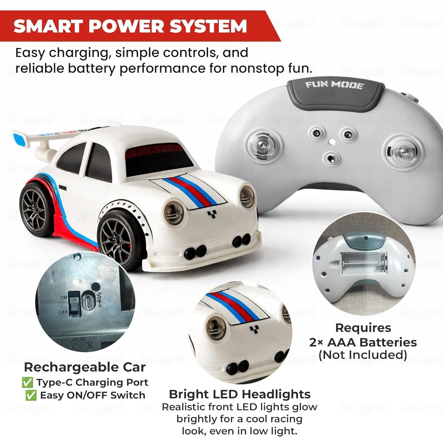 High-Speed RC Drift Car with Remote Control, USB Rechargeable Racing Toy Car, LED Lights, 2.4GHz Controller, Kids & Adults Gift (White & Black)