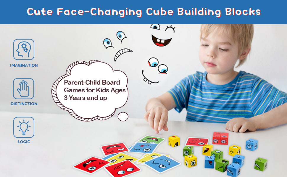 Wooden Emoji Face Changing Cube Puzzle Game Expressions Matching Block Puzzles Building Logical Educational Training Toys 16 Face Blocks & 72 Playing Cards Birthday Gift for Kids Boys Girls