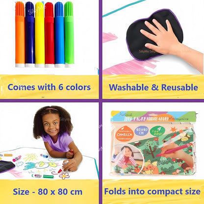 Water Drawing Mat for Kids, 80 x 80 cm, Reusable Colouring Mat, Washable Painting Mat with 6 Sketch Pens [Assorted Prints]