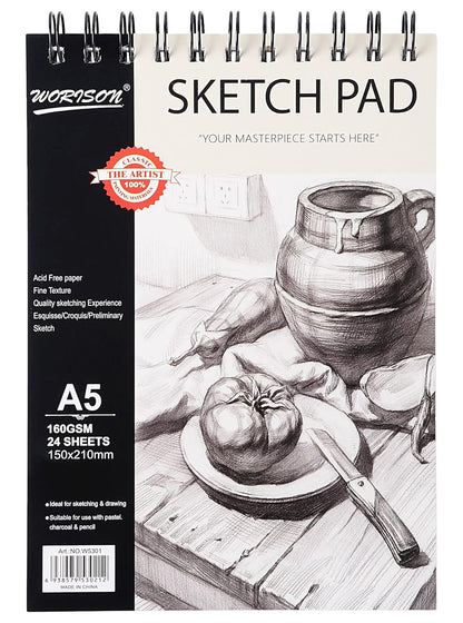 Sketch Book 24 Sheets, Spiral Bound Art Sketchbook, Acid Free (160gsm) Artist Drawing Book Paper for Boys and Girls Painting Sketching Pad