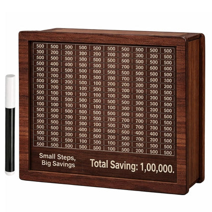 Wooden Money Saving Box with Marker | 1 Lakh (₹1,00,000) Challenge Piggy Bank for Kids & Adults | Reusable Savings Tracker Gullak | Coin & Cash Deposit Wooden Money Bank | Money Milestone Box