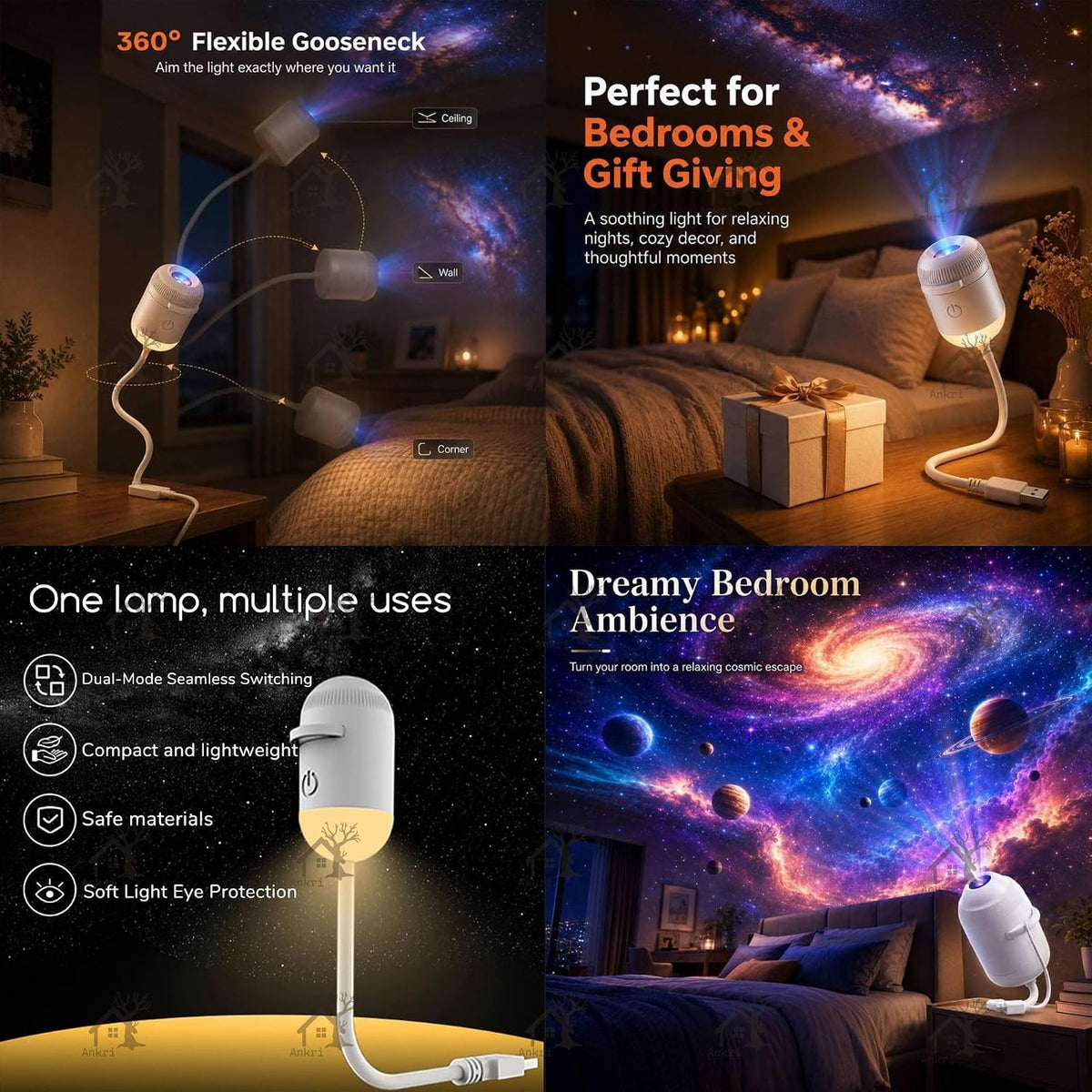 2-in-1 Galaxy Projector Night Light with 3 Sliding Projection Films, USB Starry Sky Lamp, Adjustable Brightness 360° Rotating Design and USB Power for Car and Bedroom Decoration for Adults and Kids