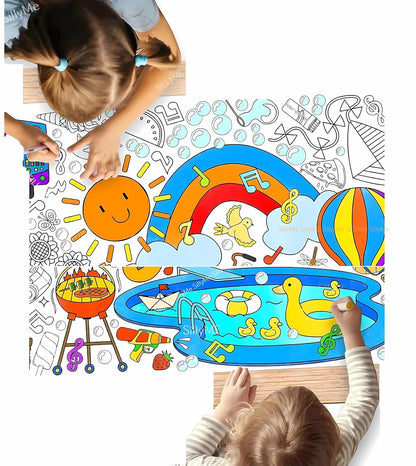 Water Drawing Mat for Kids, 80 x 80 cm, Reusable Colouring Mat, Washable Painting Mat with 6 Sketch Pens [Assorted Prints]